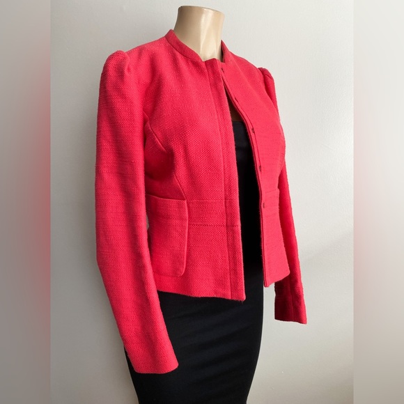 $660‼️MAJE Tweed Short Blazer Jacket Collarless Long Pleated Sleeves Pink Red M - Picture 4 of 13